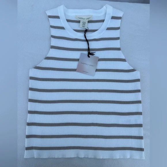 Happily Grey Striped Tank Top - White and Tan # A1 - Picture 1 of 7